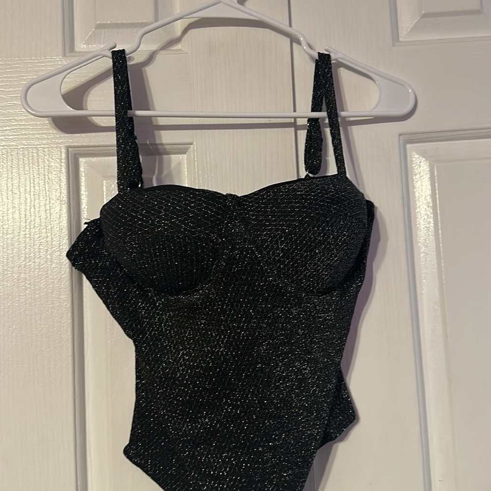 NWT Haute Monde L Black with silver sparkle thread body suite